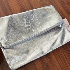 NWT Angel Victoria's Secret silver fold over clutch make up bag with wings
